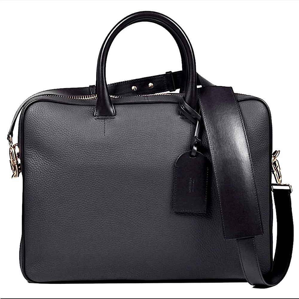 Tom Ford Black Leather Zippered Laptop Briefcase Messenger Bag w/ Gold Hardware